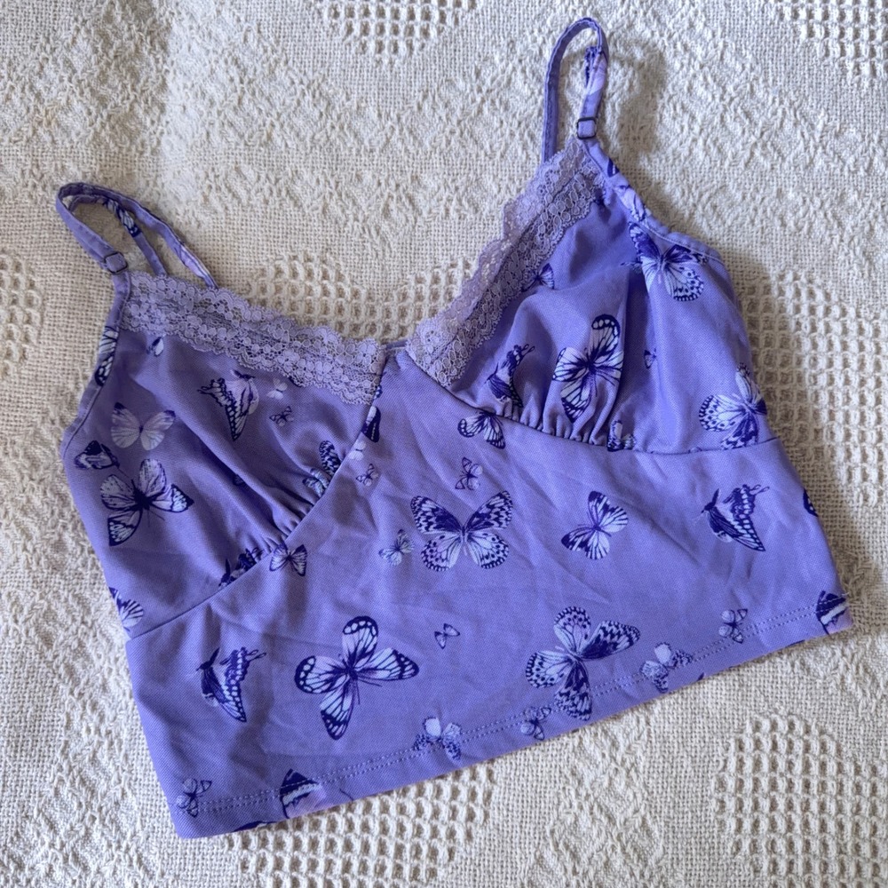 Full Tilt Cami Purple Butterfly Babydoll Festival Lace Trim V-Neck Crop Top Y2K - Picture 6 of 10